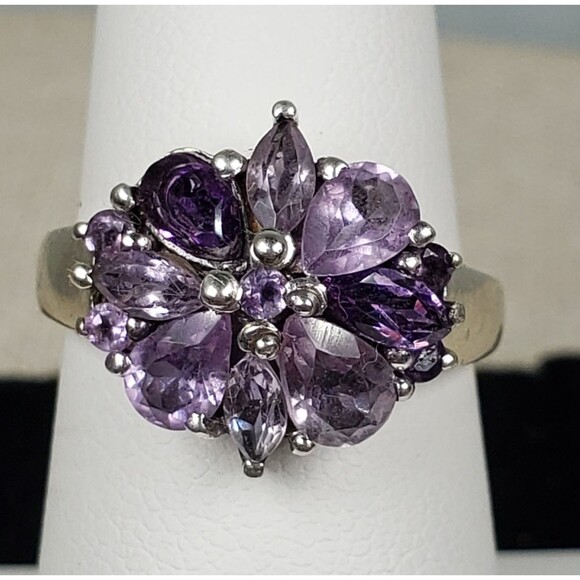 Vintage Purple Amethyst Flower Cocktail Ring 925 Sterling Silver Size 7 - Picture 1 of 16